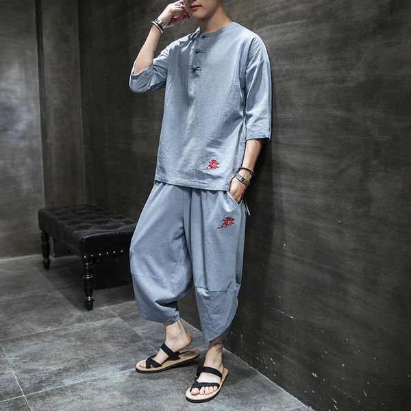 Ethnische Kleidung plus Größe 4xl 5xl chinesischer Stil Vintage Tracksuit Männer halbe Ärmel Top Cropped Hosen 2 Stück Sets Loose Fit Summer Man Clothi