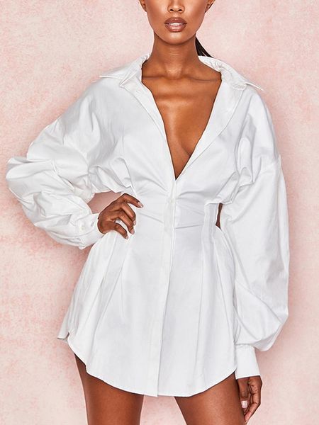 Abiti casual Abito aderente da donna bianco Camicia a pieghe a maniche lunghe con scollo a V Elegante camicetta da donna sexy in tinta unita da ufficio