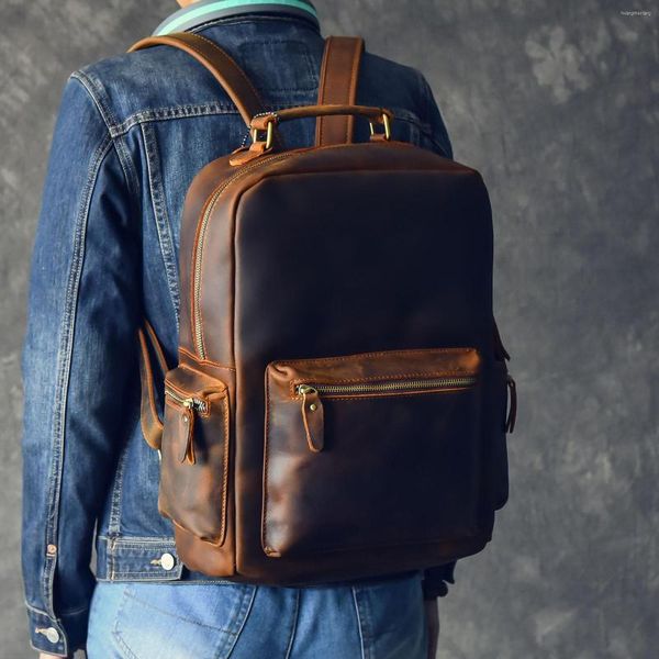 Backpack Brand Design Men Men Genuine Leather Crazy Horse Crazy Vintage Daypack Pocket Casual Rucksack Handmade Tote