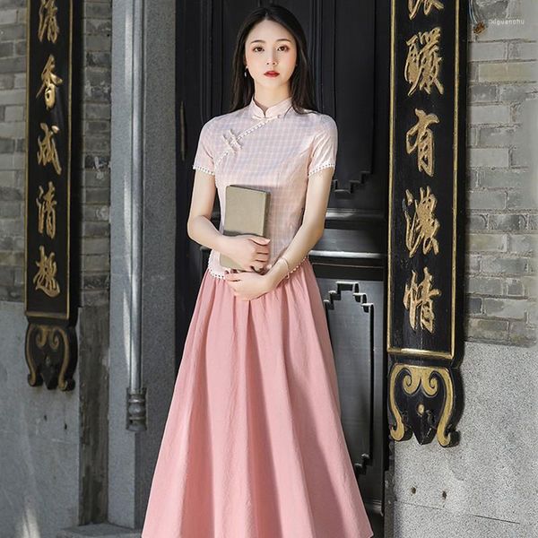 Abbigliamento etnico Plaid rosa 2 pezzi Abito Cheongsam Donna Collo alla coreana Qipao Slim Bottone vintage Abito cinese Abiti larghi Grandi dimensioni