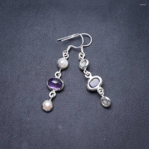 Orecchini pendenti con ametista naturale e perla di fiume, unici fatti a mano in argento sterling 925, 5,1 cm Y3632