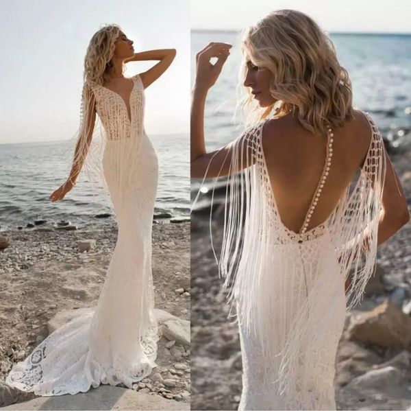 Bohemian Deniz Kızı Gelinlikleri Fringe Seksi V Boyun Gelinlikleri Vintage Crochet Dantel Uzun Aplikler Dantel Robe De Mariee