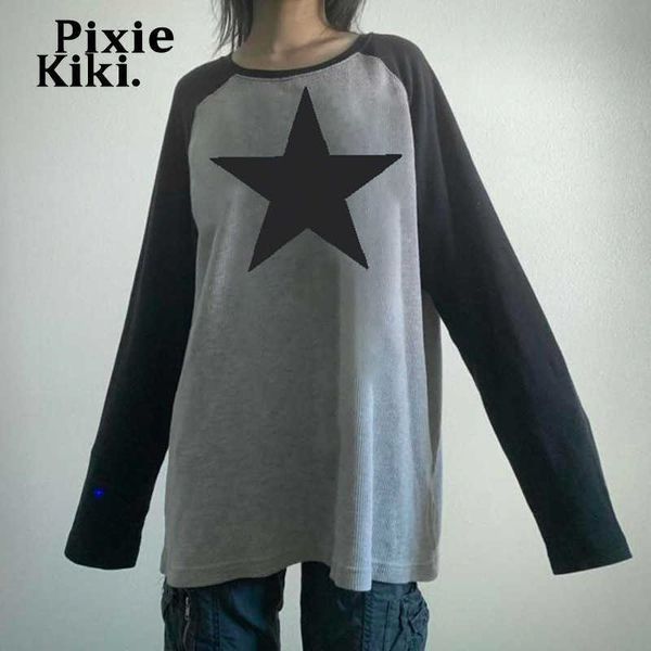 Damen T-Shirt PixieKiki Raglanärmel Star Print Grafik T-Shirts Downtown Girl Y2k Grunge Kleidung Grau Übergroßes Langarm Top P77-CA27 T230104