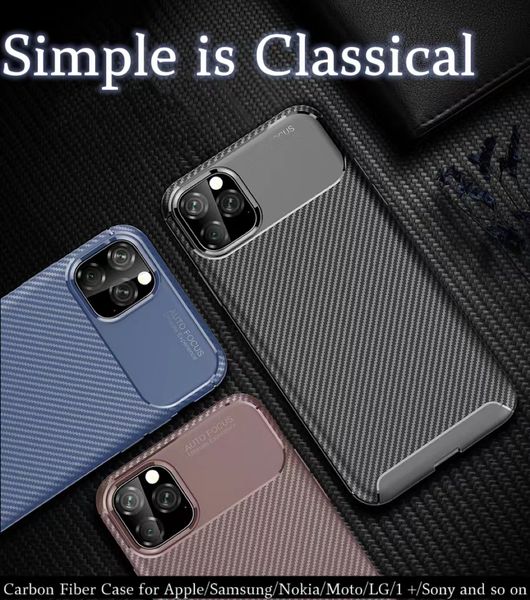 Углеродное волокно TPU защита волокна CF Case для iPhone11pro 7p 8p Case Case PC Shell Cover для Samsung A8 A9 A30 S10 плюс один плюс 5T Google Pixel 4xl Nokia 5.1 7,2 LG W30 Moto E6