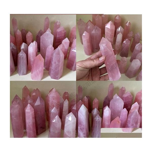 Arti e mestieri Quarzo rosa naturale Torre di cristallo rosa Chakra minerale Guarigione Bacchette Reiki Pietra energetica Punto a sei lati Bacchetta magica Roug Dhf6P