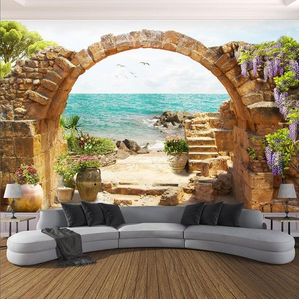 Sfondi Murales 3D personalizzati Archi da giardino moderni in pietra Vista mare Panno Po Soggiorno TV Decorazioni per la casa Copertura