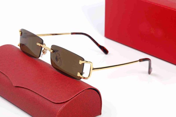 Modedesigner-Sonnenbrille für Damen und Herren, luxuriöse Bügel, goldfarbenes Metall, rahmenlose Sonnenbrille, Brillenschutzrahmen, einfach, hochwertig, quadratisch, gut