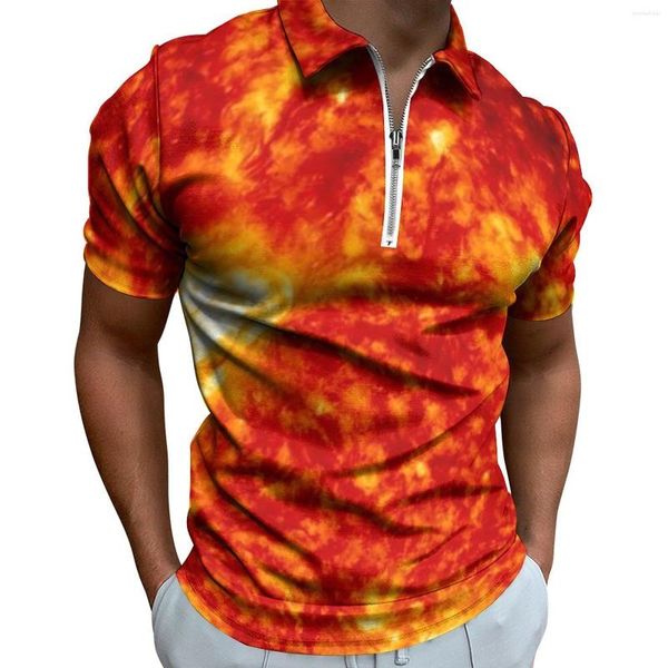 Polos masculinos de estampa solar camisa de pólo masculino e amarelo do dia casual zíper de moda zíper