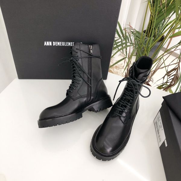 Женские туфли Ann Boots Demeulemeester Alec Combat Boots Black Linuine Leather Lace-Up