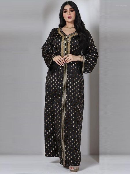 Sıradan Elbiseler Müslüman 2023 Vintage Bronzing Baskı Siyah Elbise Elmaslar V Boyun Uzun Kollu Gevşek Abaya Suudi Arabistan Kadınlar İçin