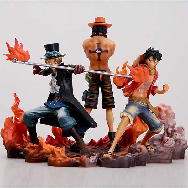 Figuras de brinquedo de ação 3pcs One peça Anime Figura Monkey D Luffy Ace Sabo Três irmãos Conjunto de ação PVC Figura Coleta Modelo de Toys Doll 14-17cm T230105