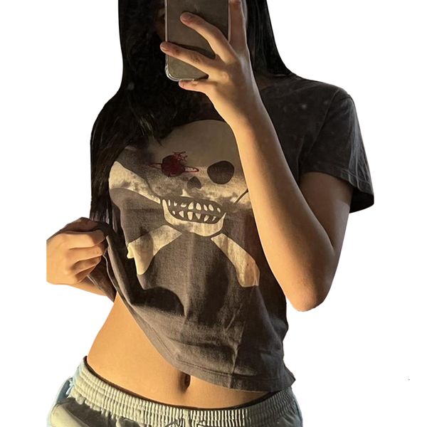 Damen Tanks Camis Xingqing Goth Crop Top y2k Women Academia Dark O Neck Short Sleeve Sweat Shirt Graphic Skull Pattern Fairy Grunge Clothing 230105