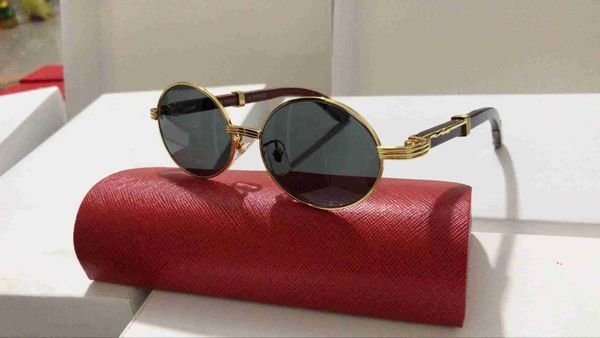 Óculos de sol pretos de designer de grandes dimensões para mulheres homens de alta qualidade de metal de madeira de madeira de madeira redonda redonda búfalo chifre de óculos femininos