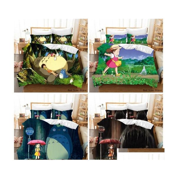 Set di biancheria da letto Piumino da letto stampato in 3D Er Totoro Cartoon Set Single Double Fl Size Bambini Adt Japan Biancheria da letto Federa 2/3Pcs Drop Dhitv