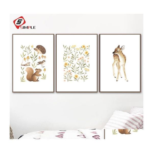 Gemälde Kindergarten Wald Wandkunst Eichhörnchen Hirsch Leinwand Malerei Blumen Poster und Drucke Kleine Waldtiere Bilder für Wohnzimmer DHP5F