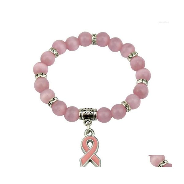 Braccialetti con ciondoli 2022 Consapevolezza del cancro al seno Bracciale regolabile con perline occhio di gatto rosa Bracciale donna con nastro ottobre Gioielli regalo Prl015 3 pezzi Dro Dholp