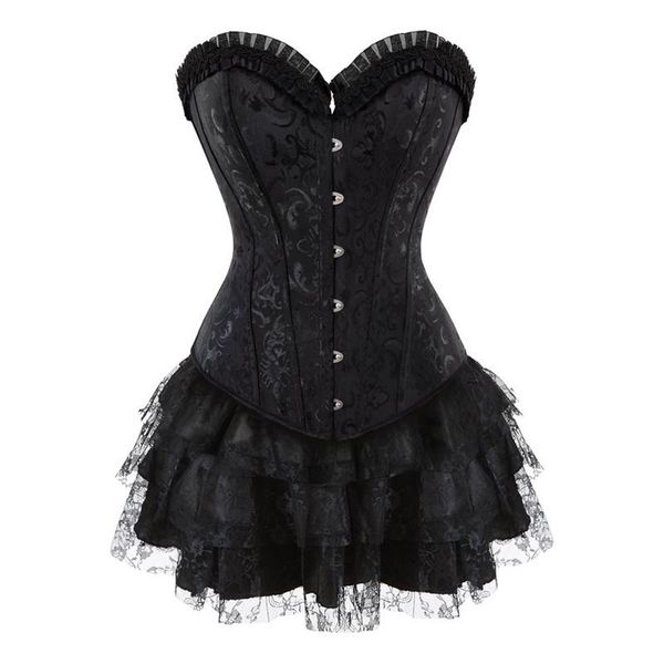 Bustiers-Korsetts, Damen-Korsett-Kleid, Schnür-Top, Gothic-viktorianisches Lolita-Kostüm, Vintage-Bustier, Röcke mit Stahlstäben, Schwarz