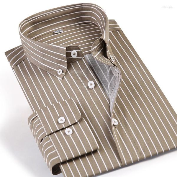 Freizeithemden für Herren, langärmeliges, khakifarbenes, gestreiftes Hemd, bequemer Button-Down-Kragen, taschenloses Design, schmale Passform, pflegeleichte Qualität