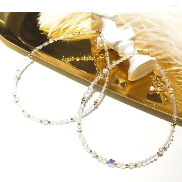 Cavigliere Lii Ji 2mm 3mm Quarzo trasparente Perla d'acqua dolce Cristallo austriaco Cavigliera scintillante American 14K Gold Filled 24 5cm