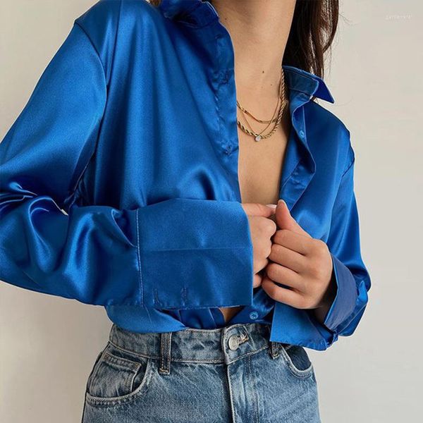 Damenblusen Satin Langarm Lose Damen 2023 Vintage Tops Blau Grün Seidenhemd Casual Button Up Down Shirts Elegant 18913