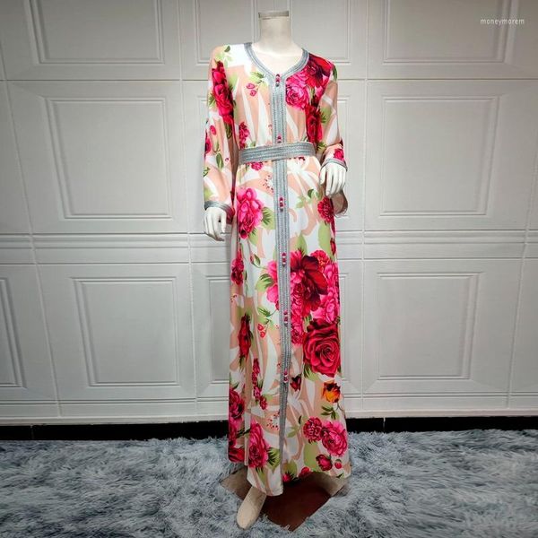 Casual Kleider Elegante V-ausschnitt Band Trim Rosa Blumen Druck Gürtel Kaftan Lose Party Kleid Muslimische Kleidung Für Frauen 2023 frühling Herbst