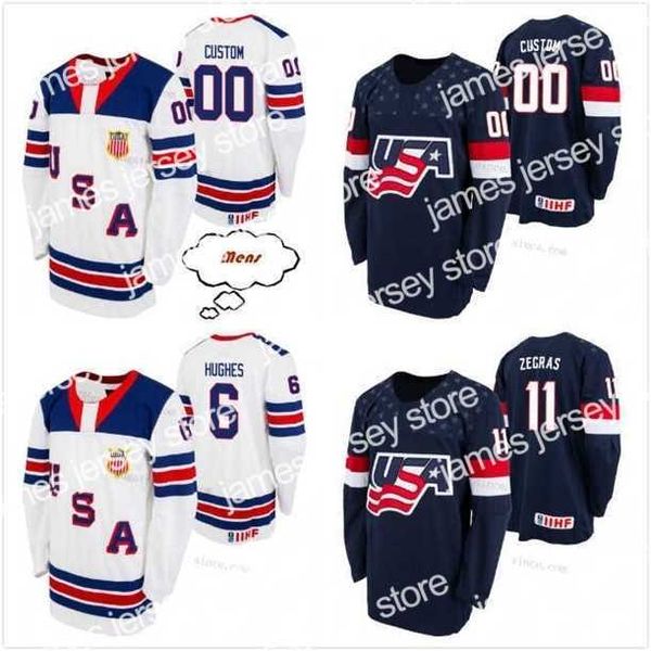 College Hockey Wears Thr Personalizza Uomini Donne Bambini #6 Jack Hughes S-6XL Trevor Zegras Jersey USA U18 Team 2021 Biosteel All American Game Home Bianco Navy Away