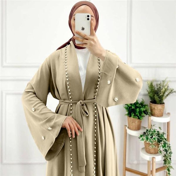 Roupas étnicas à mão feita pérolas de miçangas abaya elegante de cor pura abayas mulheres modestas vestir roupas Eid WY004