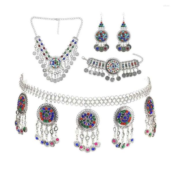 Collana Orecchini Set Gypsy Afghan Coin Nappa Jhumka Bracciale Vita Catena di danza del ventre Set Boho Gioielli tribali turchi per feste