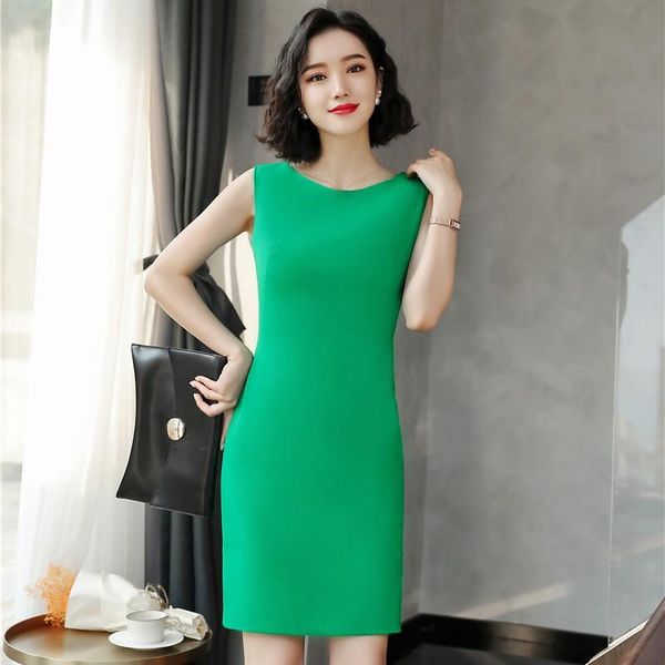 Vestidos casuales Elegante Verde Delgado Caderas Mujeres Vestido de verano Ropa de trabajo de negocios profesional Sin mangas Mini OL Estilos Uniformes Tallas grandes