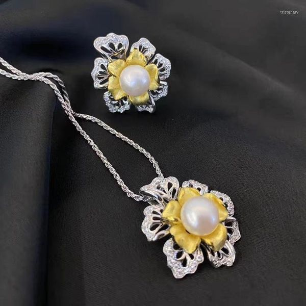 Halskette Ohrringe Set Feiner Perlenschmuck Charm Zweifarbiger Blumenanhänger Geometrisch Hohl Mode Versprechen Ring Für Frauen Hochzeit Verlobung