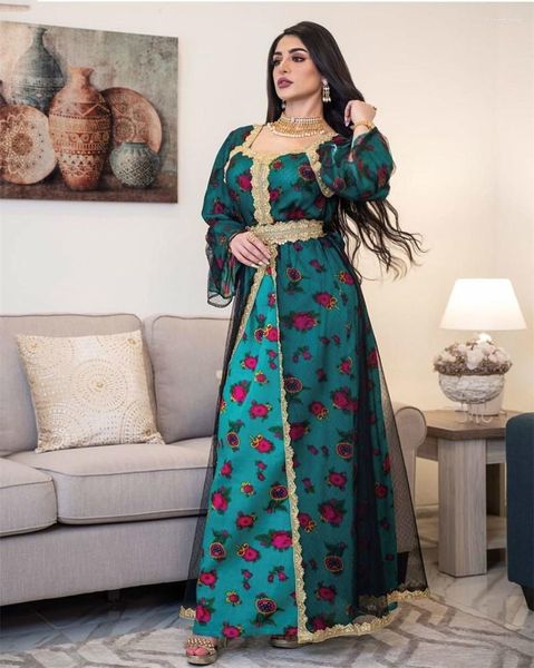 Roupas étnicas dubai vestido marroquino arábico turco Abaya Kaftan Islâmico Arab Renda Bordado Jalabiya Mesh Eid Mubarak