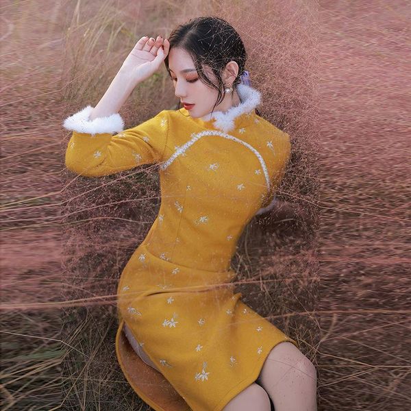 Roupas étnicas elegantes amarelo manga longa qipao vestido chinês outono cheongsams tradicional harajuku robe oriente vestido chino muj