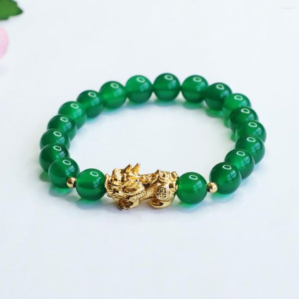 Braccialetti di collegamento 10mm Rotondo Calcedonio verde naturale Stringa di mano Brave Troops Braccialetto Amicizia Pietra Donne Elastiche Creazione di gioielli per ragazze