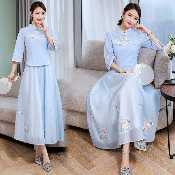 Roupas étnicas Terno de verão Terno de verão Hanfu Melhor estilo chinês Retro Disc Buckle Bordado Salia Cheongsam Vestidos de festa