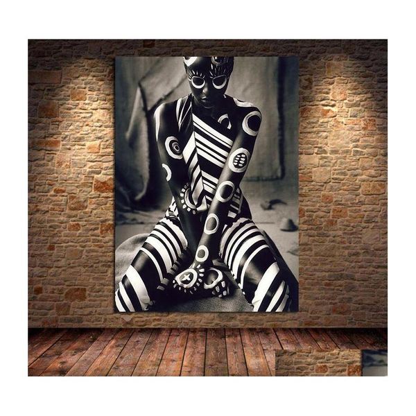 Pinturas tatuadas africana feminina pintura de canvas de pôsteres e impressões figuras exclusivas de arte de parede para sala de estar decoração de casa UNFRA DH9XQ