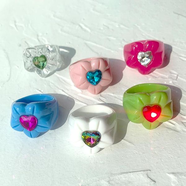 Кластерные кольца Y2K Ювелирные украшения Candy Color Clortal Crystal Heart for Women Vintage милые хараджуку кольцо очарования 90 -х годов Эстетические дары