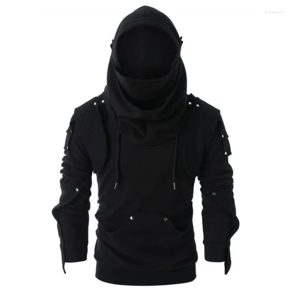 Erkekler Hoodies tarzı Erkekler Koyu Siyah Sweater Vintage Maske Perçin Uzun Kollu Kapşonlu 2023 Moda Gotik