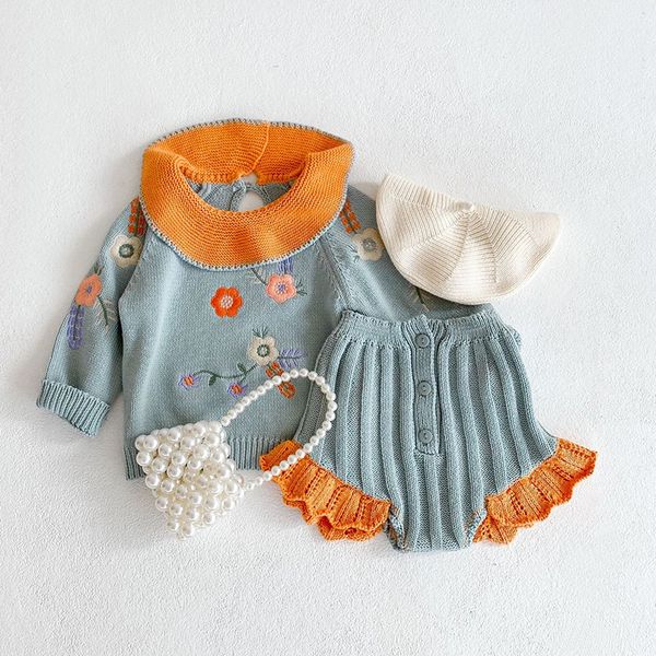 Giyim Setleri Sonbahar Bebek Bebek Kız Giysileri Takım Örgü İşlemeli Lotus Yaprağı Yakası Üst Dantel Pantolon 2 PCS Toddler Sweater 230105