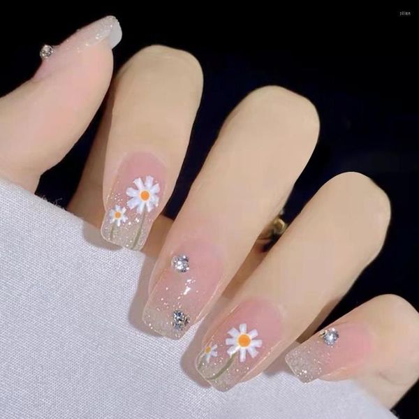 Falsche Nägel 24 Stück Strasssteine mit Diamant-Glitzer-Fälschungsblumenmuster Mode-Maniküre-Nagelaufkleber Drücken Sie auf Tipps