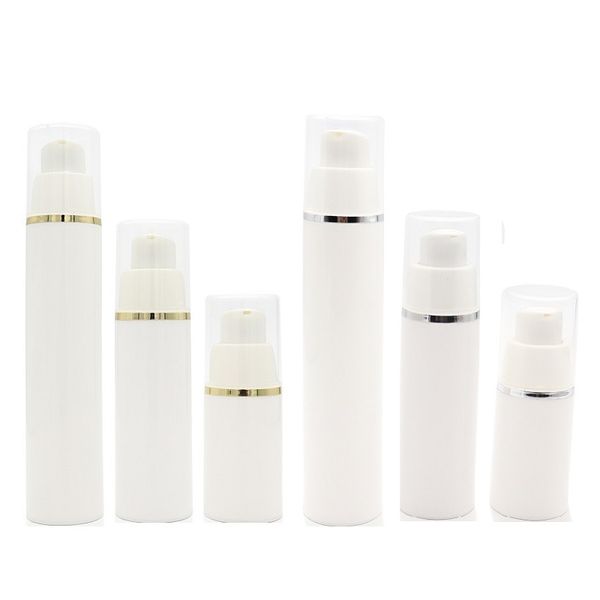 Linea Oro/Argento Bottiglia vuota in plastica airless bianca Pompa per lozione sottovuoto Coperchio trasparente Contenitori per imballaggio cosmetico Bottiglie campione riutilizzabili da viaggio 15 ml 30 ml 50 ml