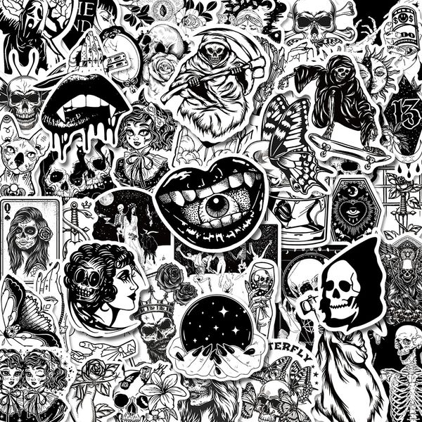 50PCS Schwarz Weiß Gothic Stil Horror Skelett Graffiti DIY Laptop Gepäck Gitarre Skateboard Auto Aufkleber Kind Spielzeug Aufkleber Großhandel