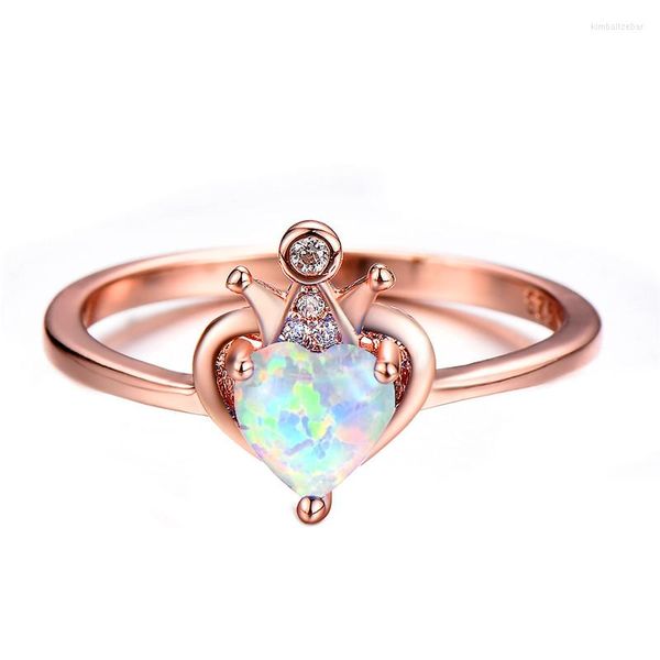 Eheringe Weiß Blau Lila Opal Herz Stein Ring Weibliche Luxus Krone Engagement Rose Gold Farbe Für Frauen Boho Schmuck