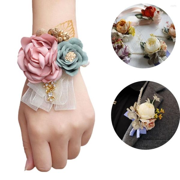 Fiori decorativi Decorazione di nozze Ragazze Damigella d'onore Polso Prom Party Fiore all'occhiello Raso Rosa Bracciale Mano in tessuto