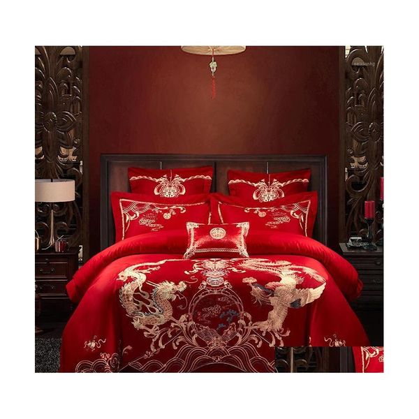 Bedding Sets Tradicional Bordado de Casamento Chinês Conjunto de Algodão 4 Peças Kit Rainha Tamanho Double Felicidade Longfeng Dragon Phoenix1 DHSBZ