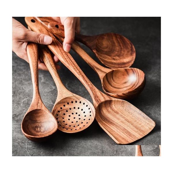 Utensili da cucina Teak Stoviglie in legno naturale Cucchiaio Mestolo Turner Riso lungo Scolapasta Zuppa Schiumarola Cucchiai Paletta Set di utensili da cucina Drop D Dhbfd