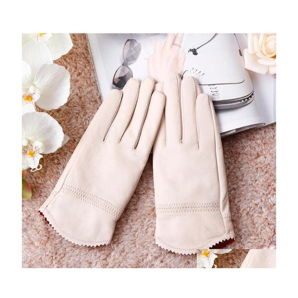 Five Fingers Luvas Womens Couro Genuíno de Couro Vermelho Autumn e Winter Fashion Feminino Provó do vento Acessórios de entrega Chapéus S Dhaeu