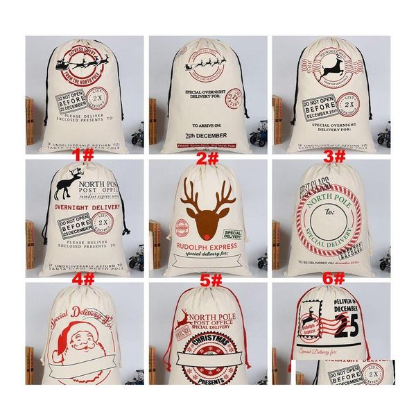 Décorations De Noël Sac Cadeau Pur Coton Toile Dstring Sack Sacs 12 Stypes Avec Xmas Santa Design Pour Cadeaux Candy Drop Delivery H Dhsq1