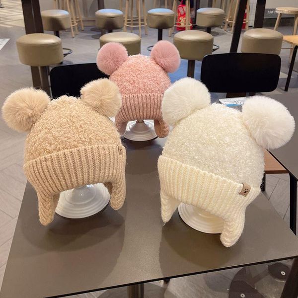 Berretti Cappello invernale per bambini Toddlers Ragazzi Ragazze Copri orecchie moda caldo Cappellino pilota con pompon Berretto bomber sfocato lavorato a maglia Bel regalo per bambini