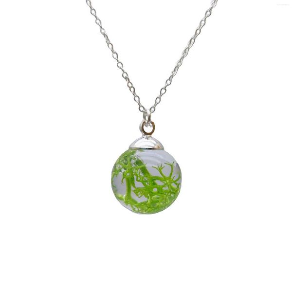 Collane con ciondolo Muschio verde Fiore reale Resina Sfera di vetro Collana a catena color argento sterling Collana da donna Girocollo Boho Gioielli di moda fatti a mano