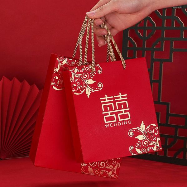 Geschenkpapier 20 Stück Chinesische Bronzing-Hochzeits-Süßigkeitsbox Begleiter Handgetragene rote Tasche Kreative Xi-Zi-Verpackung